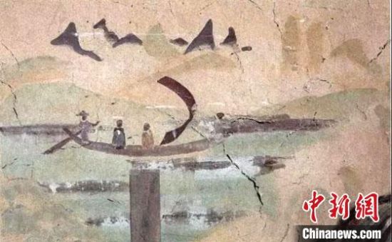 “一人搖櫓晃扁舟，兩人撐篙水上漂。”圖為莫高窟第323窟《搖櫓帆船》（初唐）?！《鼗脱芯吭汗﹫D