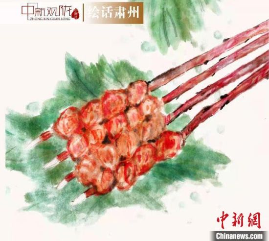 圖為酒泉美食“紅柳烤肉”繪畫作品?！《排d彥 攝