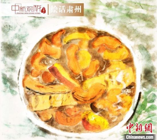圖為酒泉美食“糊鍋”繪畫作品?！《排d彥 攝