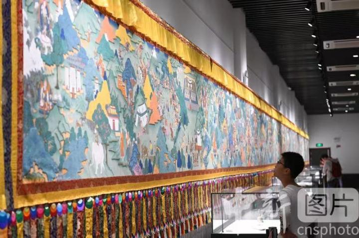圖為一名小朋友觀看唐卡《涼州會(huì)盟》。 中新社記者 戴文昌 攝