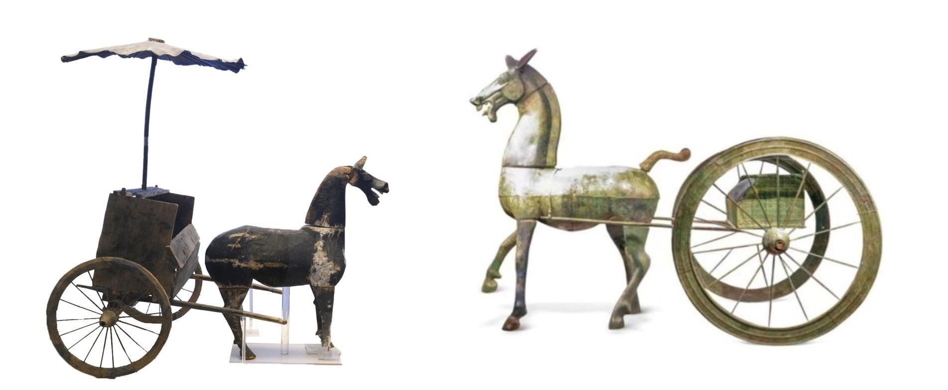 △左為漢代木軺車，藏于青海省博物館；右為東漢銅車馬，藏于黔西南州博物館。